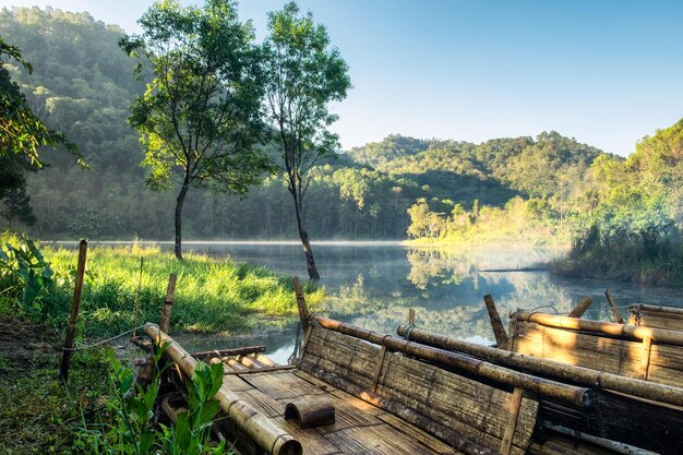 Viewpoint wooden raft on reservoir