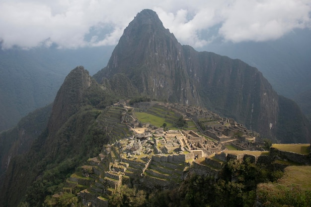 Views of the ancient Inca city of Machu Picchu in the Sacred Valley in Peru.