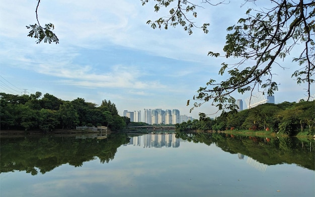 Views of a city park in the middle of a beautiful lake or river and the activities of local resident