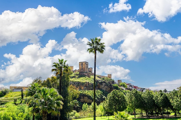 Views from the Parque de la Retama of the castle of Alcala de Guadaira in Seville in blue sky