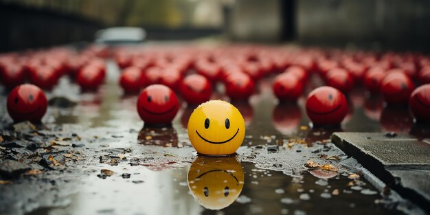 Views of Happy and sad funny face yellow and red plastic balls in crowd 3D rendering illustration