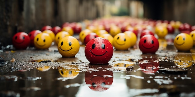 Happy and sad funny face 黄色と赤のプラスチックボールを群衆の中で3Dレンダリングイラスト