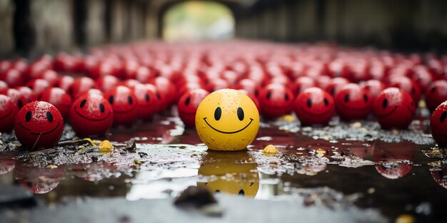 Views of Happy and sad funny face yellow and red plastic balls in crowd 3D rendering illustration