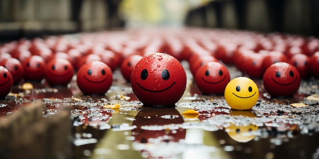 Views of Happy and sad funny face yellow and red plastic balls in crowd 3D rendering illustration