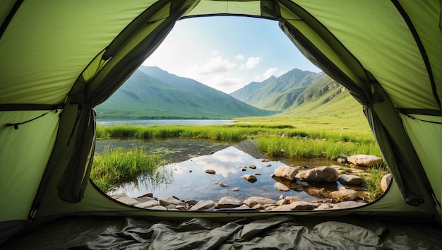 views of the lake and mountains from inside the tent