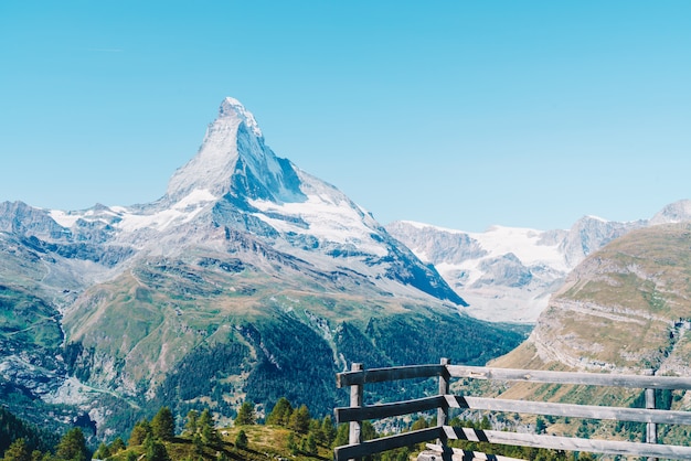 views of the Matterhorn peak in Zermatt, Switzerland.