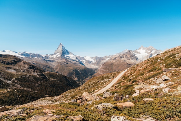 views of the Matterhorn peak in Zermatt, Switzerland.