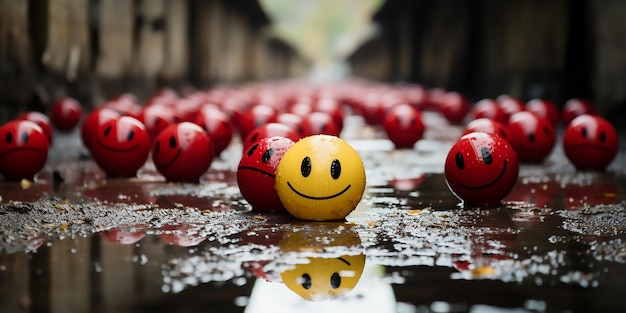 Foto views of happy and sad funny face gele en rode plastic ballen in de menigte 3d-rendering illustratie