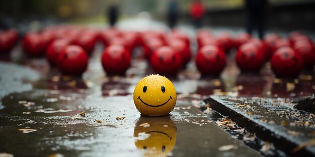 Foto views of happy and sad funny face gele en rode plastic ballen in de menigte 3d-rendering illustratie