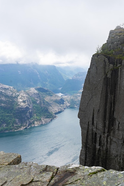 Views of Preikestolen and Lysefjord on a cloudy day