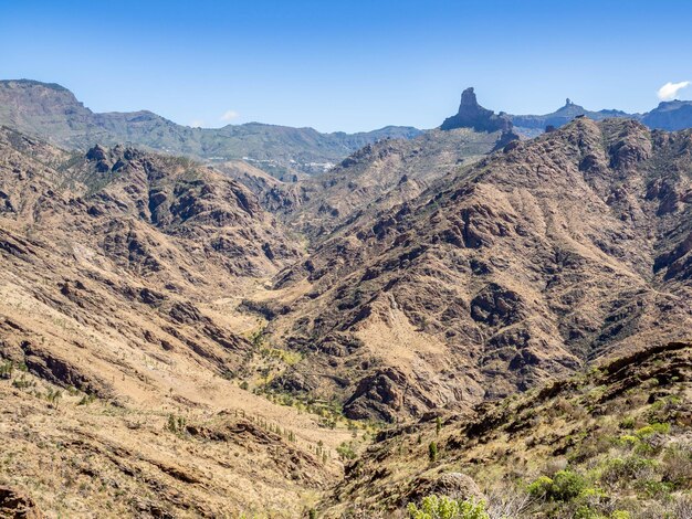 Photo views of roque nublo and roque bentayga from acusa seca caves in grand canary island spain