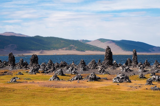 몽골 Terkhin Tsagaan 호수의 전망