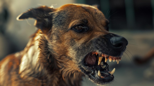 Foto un cane vigile che ringhia mostrando i suoi denti affilati in una dimostrazione di aggressività o paura