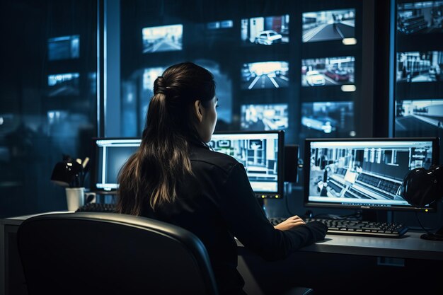 Photo the vigilant eye a female security guard monitoring modern cctv cameras in a surveillance room