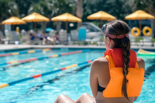 Vigilant female lifeguard wearing an orange vest oversees safety at a sunny outdoor swimming pool