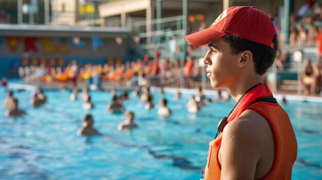 Photo a vigilant lifeguard stands tall ensuring the safety of swimmers at a bustling public pool ready to intervene when needed