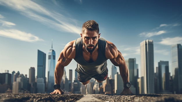 A vigorous exerciser engaged in a strenuous workout framed by a bustling cityscape