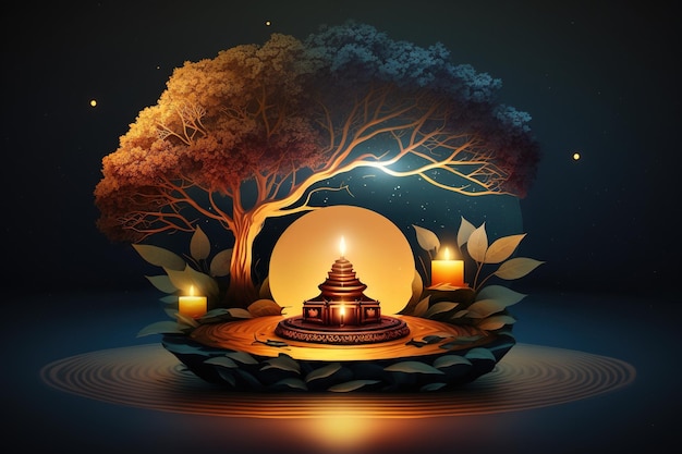 Vihara background with candles and starry night trees ai generated