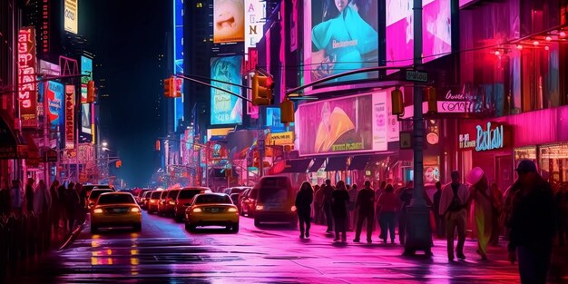 Viibrant city nightlife with neon lights illuminating the streets a bustling crowd Generative ai