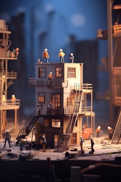 Vijf arbeiders die aan een gebouw werken Miniatuur
