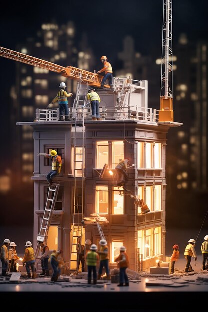 Foto vijf arbeiders die aan een gebouw werken miniatuur