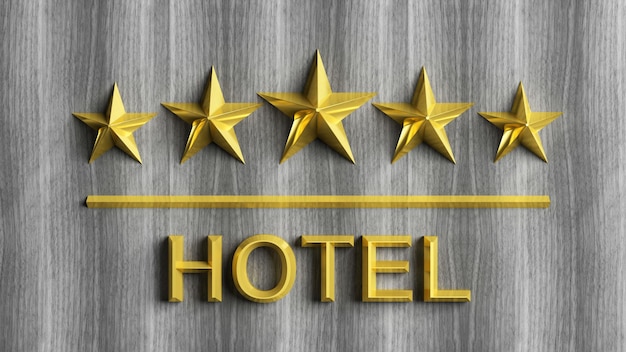 Foto vijf gouden sterren en woord hotel op grijs hout