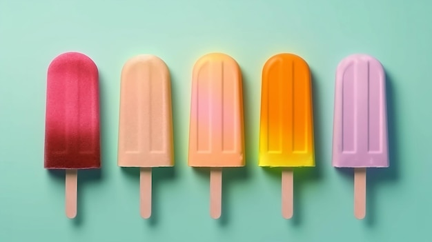 Vijf heldere, heerlijke gekleurde ijsjes op een stokje op een blauwe achtergrond AIgenerated
