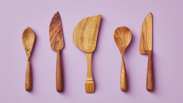 Vijf houten gereedschappen staan elegant op een levendige paarse achtergrond