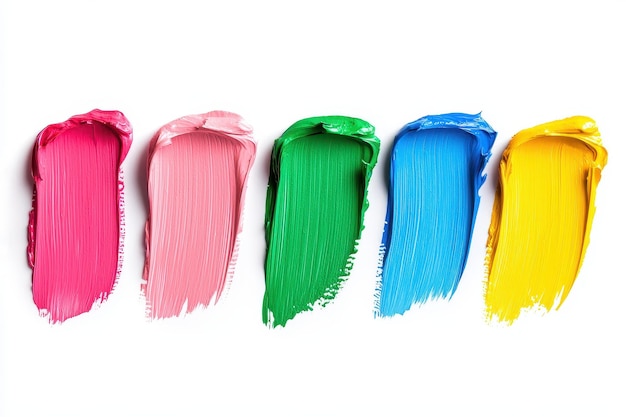 Vijf levendige verfstukken in roze, groen, blauw en geel gerangschikt in een rij die de textuur en kleurdiversiteit op een witte achtergrond tonen