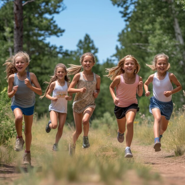 Vijf meisjes rennen in het bos.