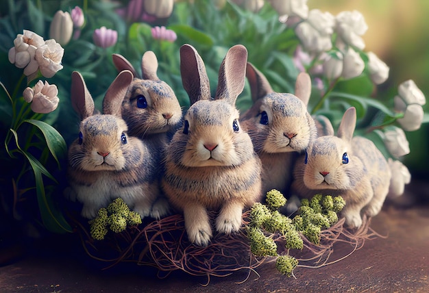 Foto vijf schattige kleine konijnen zitten in bloemen generatieve ai art easter concept gezellige scène met witte bloemen