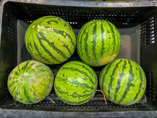 Foto vijf verse watermeloenen in het mandje voor verkoop op de markt