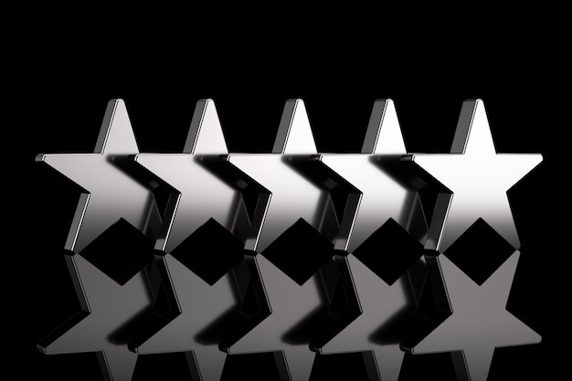 Vijf zilveren sterren met reflecties op een zwarte achtergrond. 3D-rendering