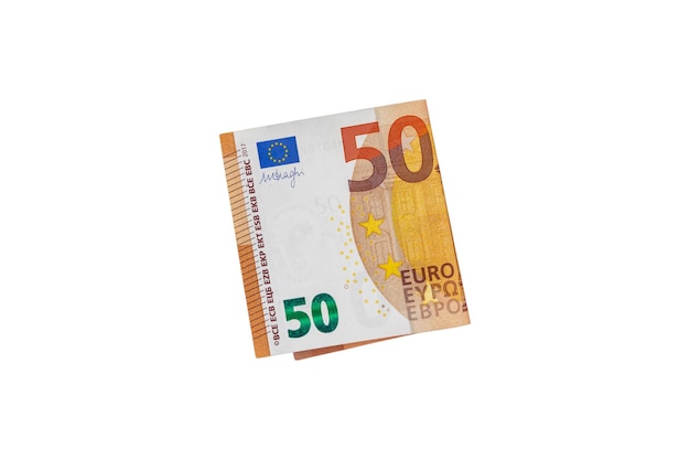 Vijftig euro dubbelgevouwen geïsoleerd op een witte achtergrond Papiergeld Vrije ruimte om te kopiëren