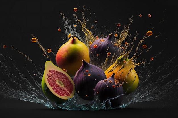 Vijgen fruit splash geïsoleerd op zwarte achtergrond