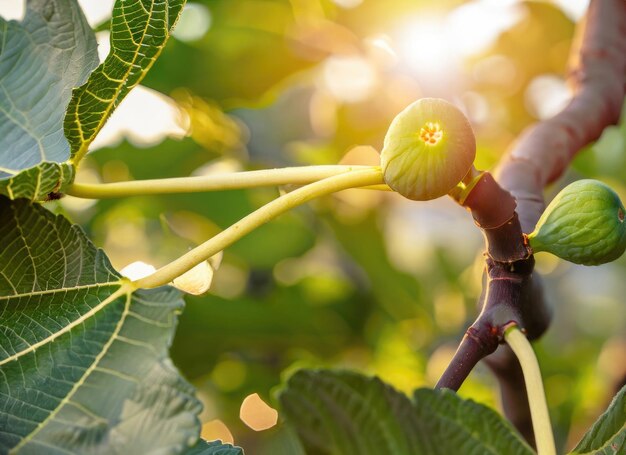 Vijgen groeien op een boom in de oogsttuin op evernig zonneschijn met kopie ruimte AI gegenereerd