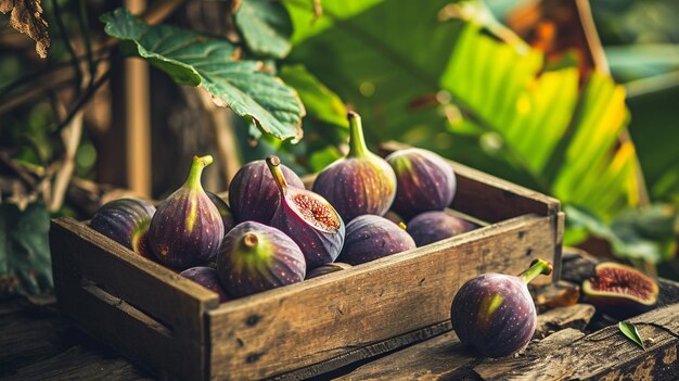 vijgen in een houten doos op de achtergrond van de natuur