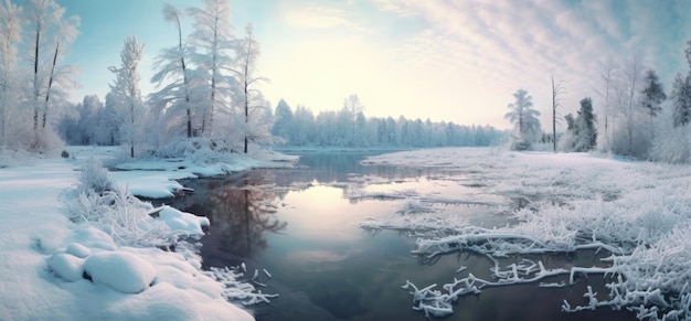 Vijver- en winterlandschap in een bosrijke omgeving op besneeuwde dag in panoramastijl