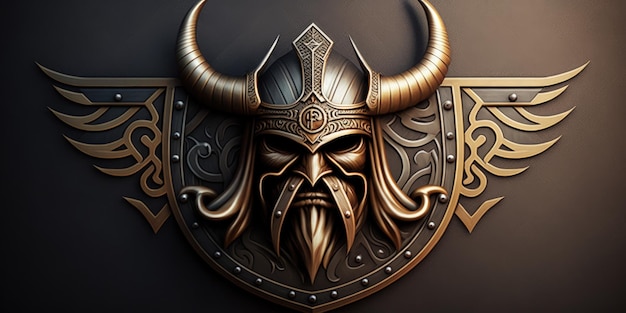 Viking coat of arms with adornments made of copper helmet with horns background Generative AI