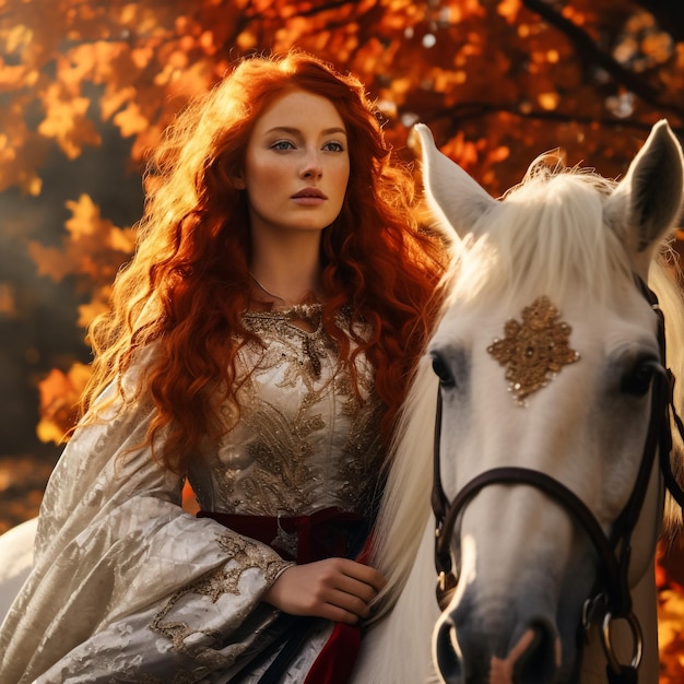 Viking girl on horseback mountain snow in the background