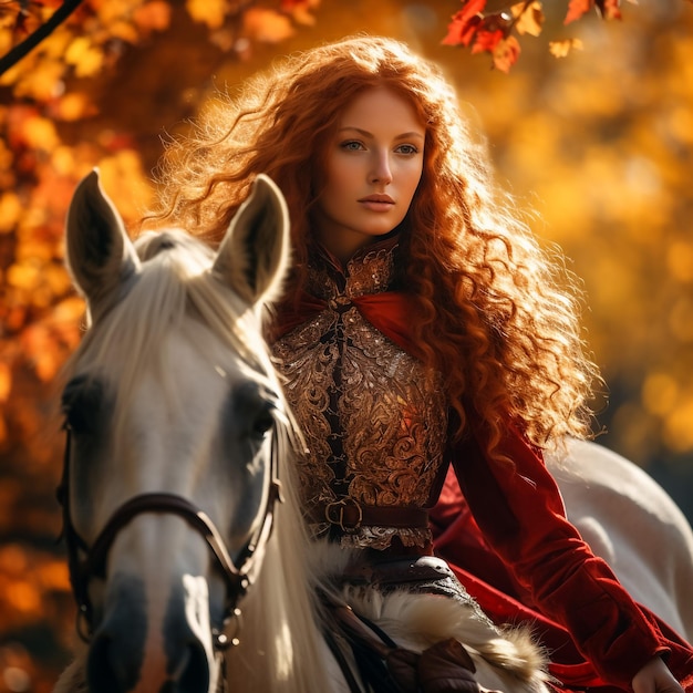 Viking girl on horseback mountain snow in the background