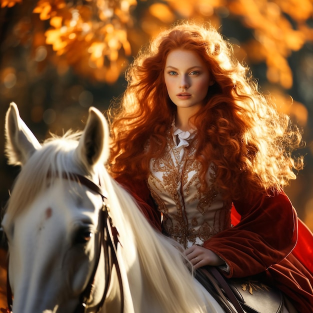 Viking girl on horseback mountain snow in the background