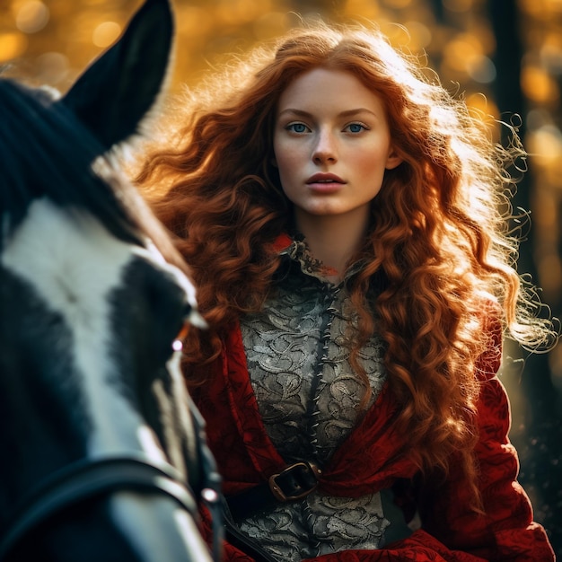 Viking girl on horseback mountain snow in the background