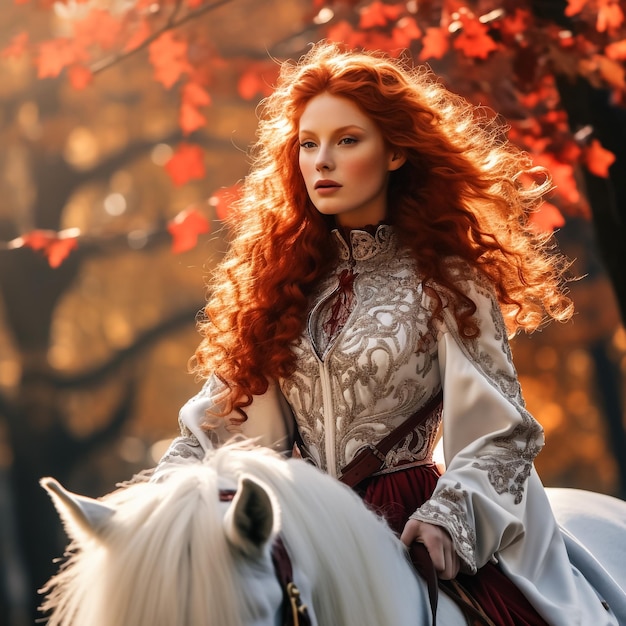 Viking girl on horseback mountain snow in the background