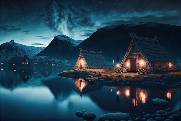 viking houses in a viking landscape by water with northern lights in the dark