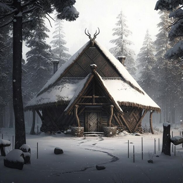 Viking hut in the snowy forest