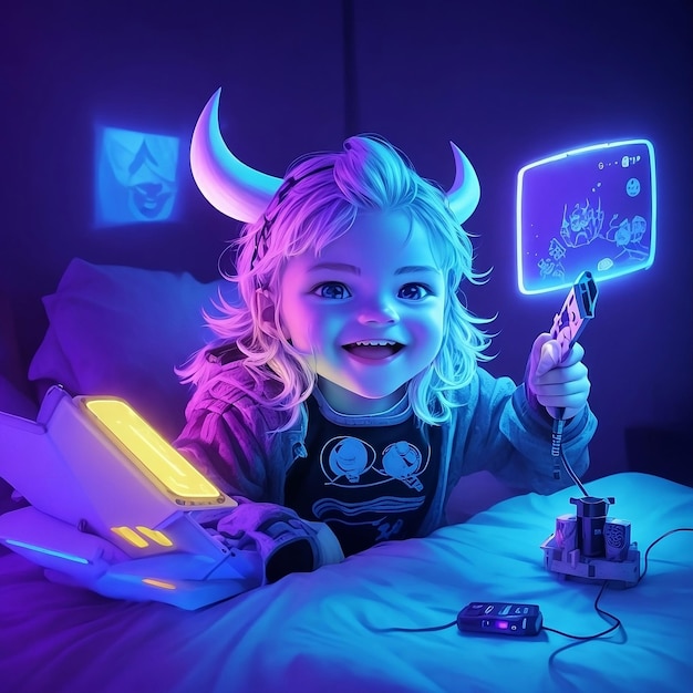 Viking kids with tech device holding a smartphone on black light background with happiness effect