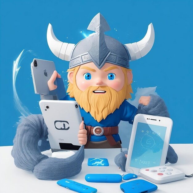 Viking kids with tech device holding a smartphone on blue background