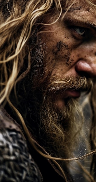 Viking krijger middeleeuwse krijger berserk viking met tatoeage op huidbaard en vlechten in haar met bijl