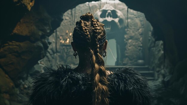 Foto viking krijgervrouw tegenover een schedelvormige kerker generatieve ai